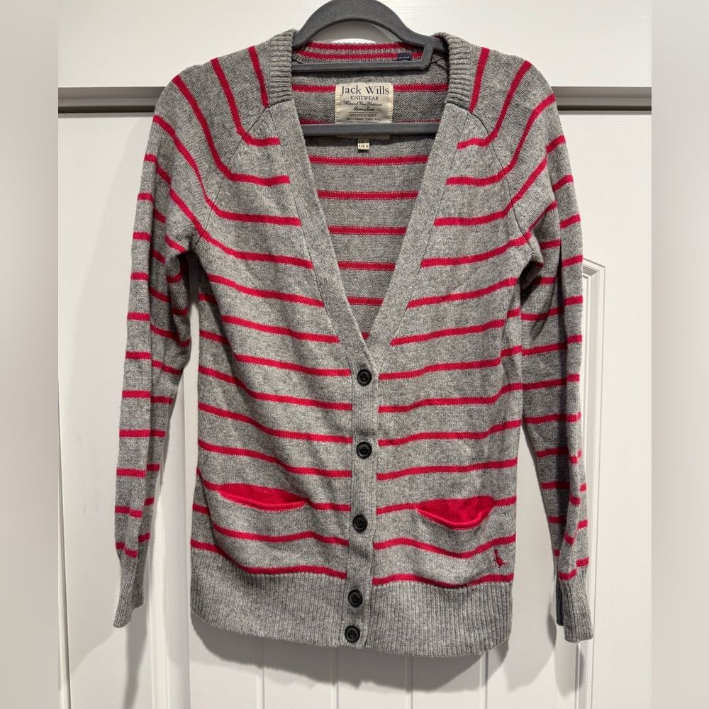 Jack Wills Gray and Red Striped Cardigan